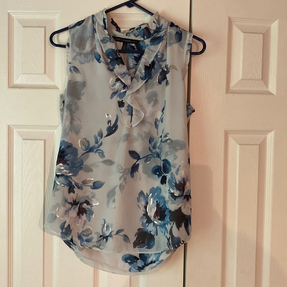 White House, Black market, blue white and silver floral top